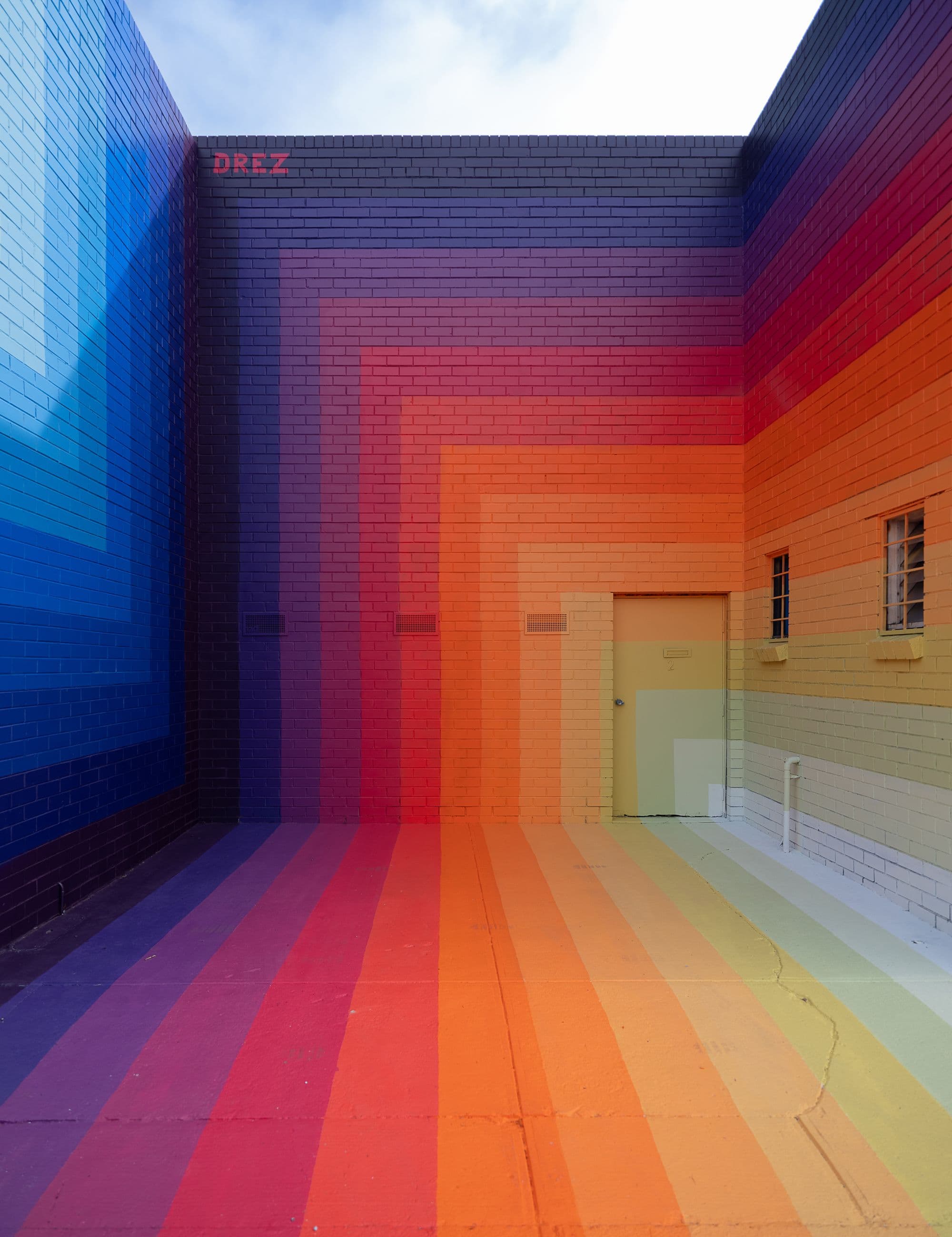 Studio Drez, Drez, Resene, Mural, Street Art, Colour, Op Art, Public Art, Wall to Wall, Wall to Wall Fesitival, Juddy Roller, Mordi Village, Kingston Council, Mordialloc