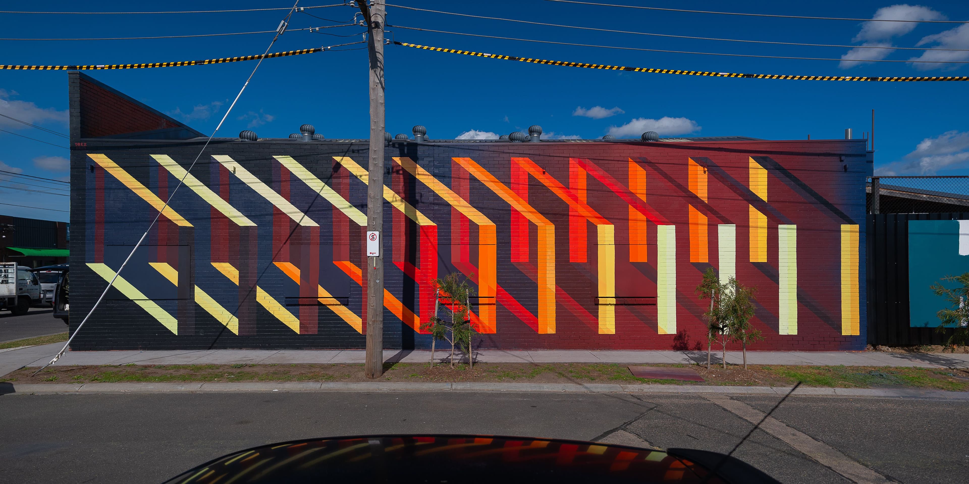 Studio Drez, Drez, Resene, Mural, Street Art, Colour, Op Art, Public Art, Contemporary Art, Street Art, Mordialloc, Mordi Village, Kingston Council, Wall to Wall, Wall to Wall Festival