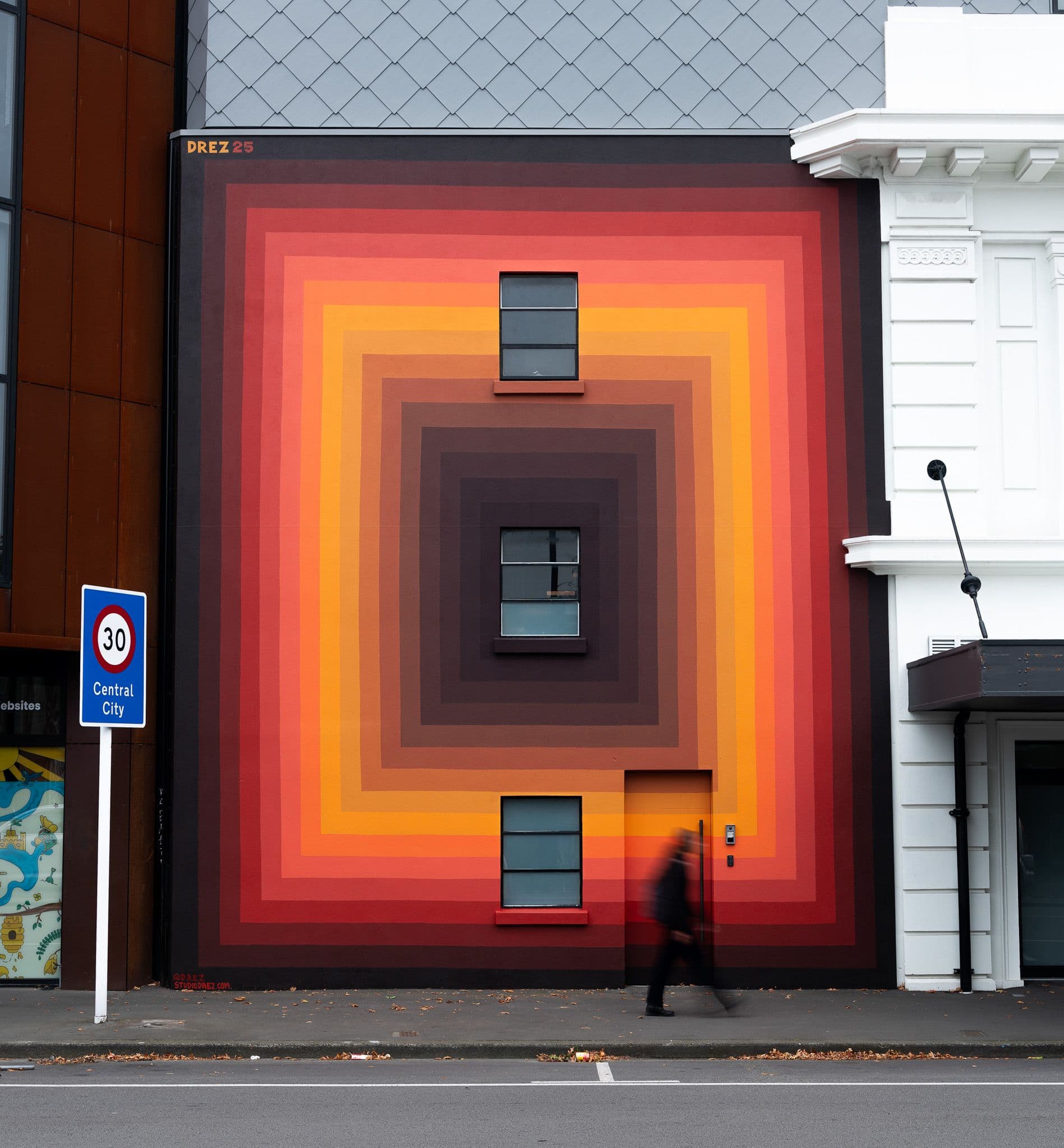 Studio Drez, Drez, Resene, Mural, Street Art, Colour, Op Art, Public Art, Contemporary Art, Street Art, Ōtautahi, New Zealand, Christchurch, Flare Festival,
