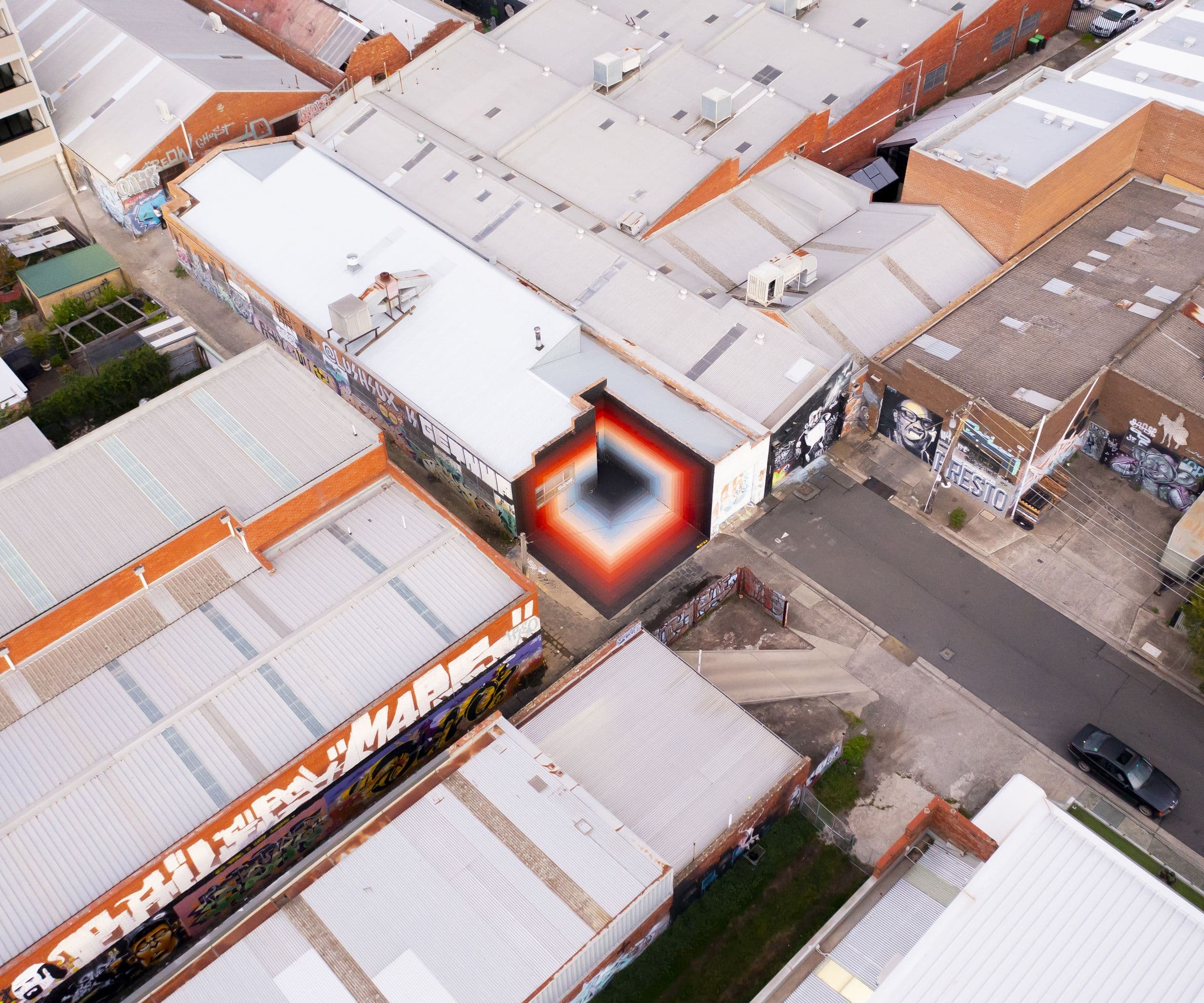 Studio Drez, Drez, Resene, Mural, Street Art, Colour, Op Art, Public Art, Contemporary Art, Street Art, Surface Festival, Mural Festival, Brunswick, Immersive, Sunshine Lane, Land of Sunshine